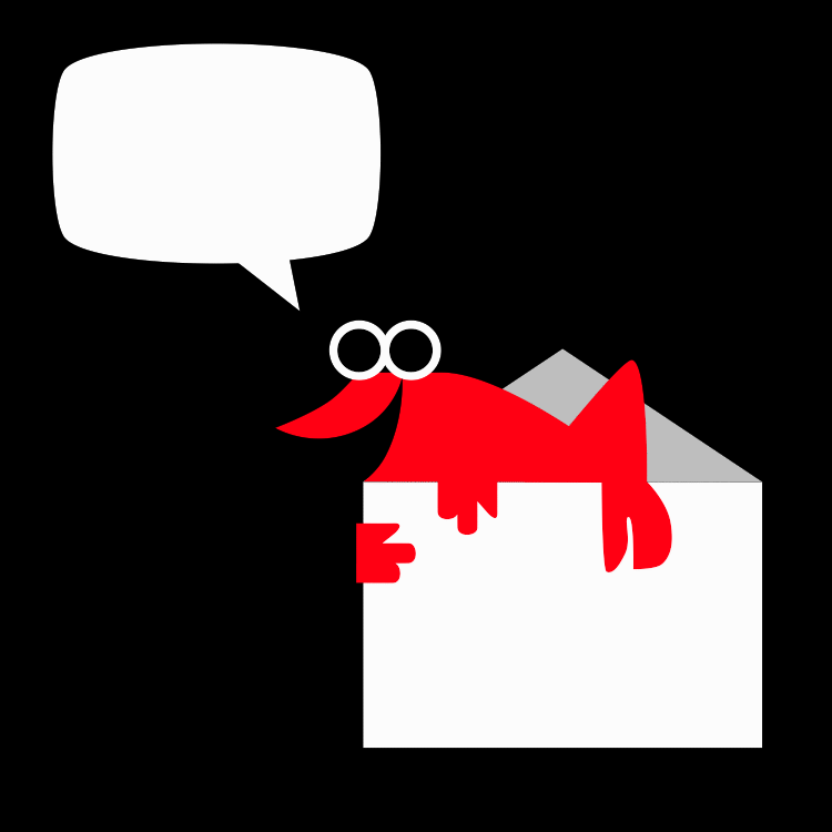 Roter Cartoon-Frosch, der aus einem weißen Umschlag schaut, mit einer leeren Sprechblase darüber, auf schwarzem Hintergrund.