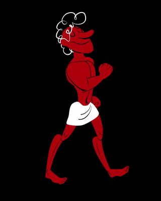 Rote Zeichnung einer gehenden Figur mit lockigem Haar und weißem Rock auf schwarzem Hintergrund.