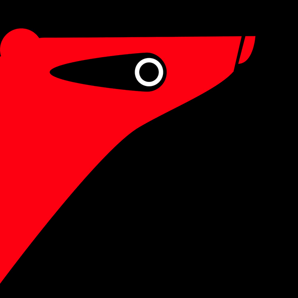 Rotes stilisierter Dachs auf schwarzem Hintergrund, mit einem weißen Auge.