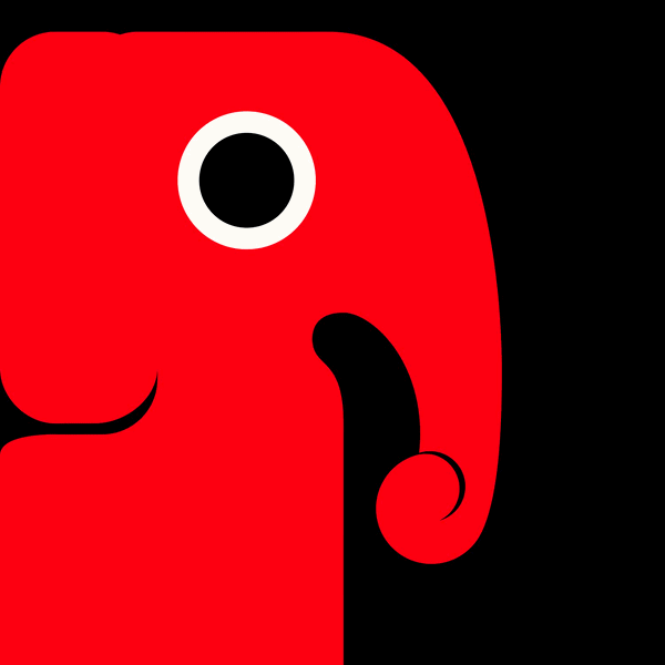 Ein stilisierter roter Elefant auf schwarzem Hintergrund.