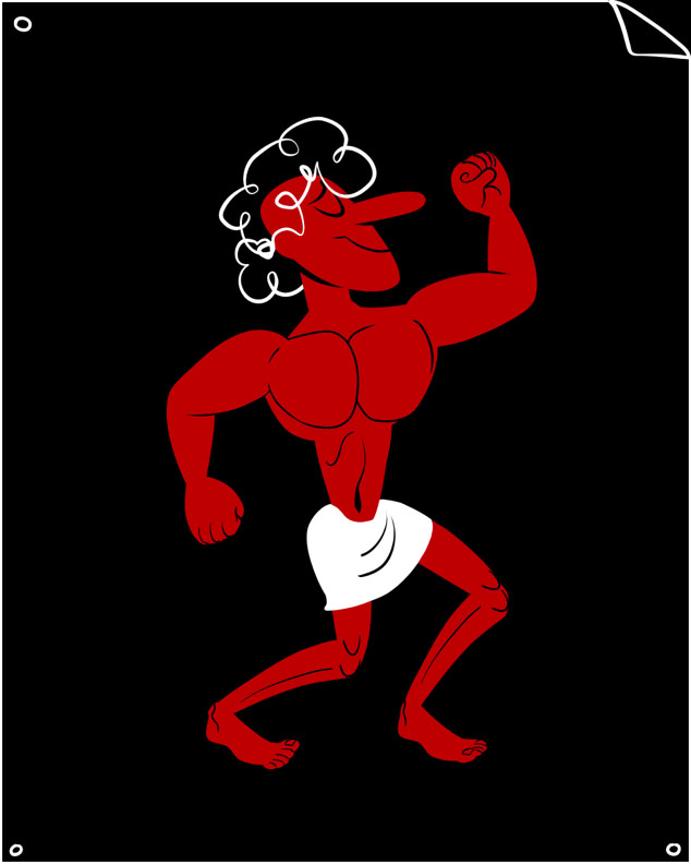 Illustration einer roten, muskulösen Figur mit weißem Haar und einem weißen Lendenschurz auf schwarzem Hintergrund.
