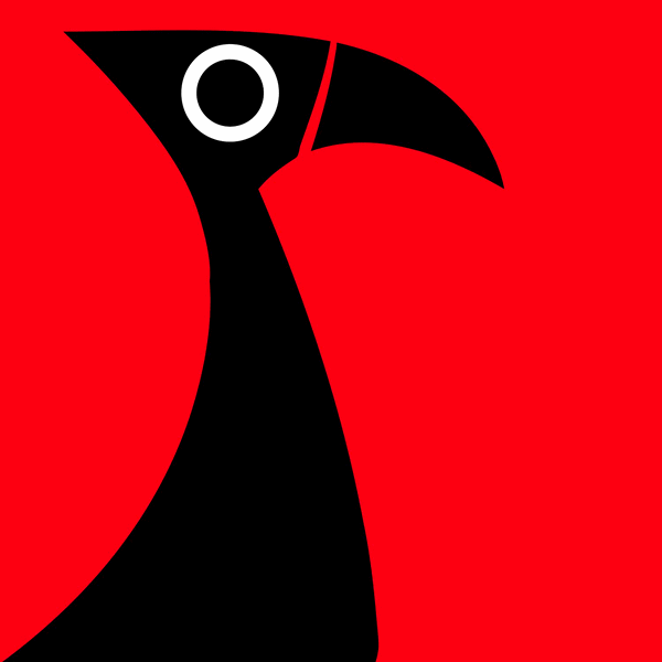 Schwarze stilisierte Vogelgrafik mit weißem Auge auf rotem Hintergrund.