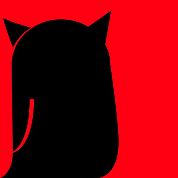 Schwarze Silhouette einer Eule mit spitzen Ohren vor rotem Hintergrund.